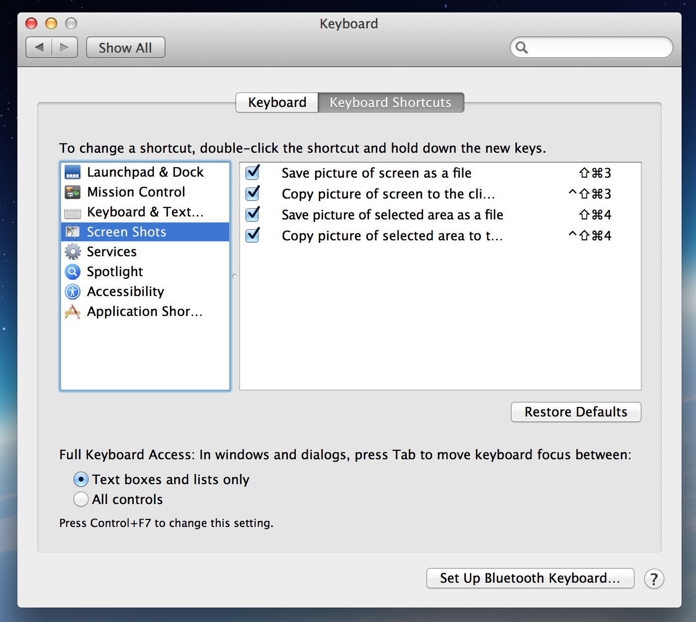 Screenshot shortcuts settings