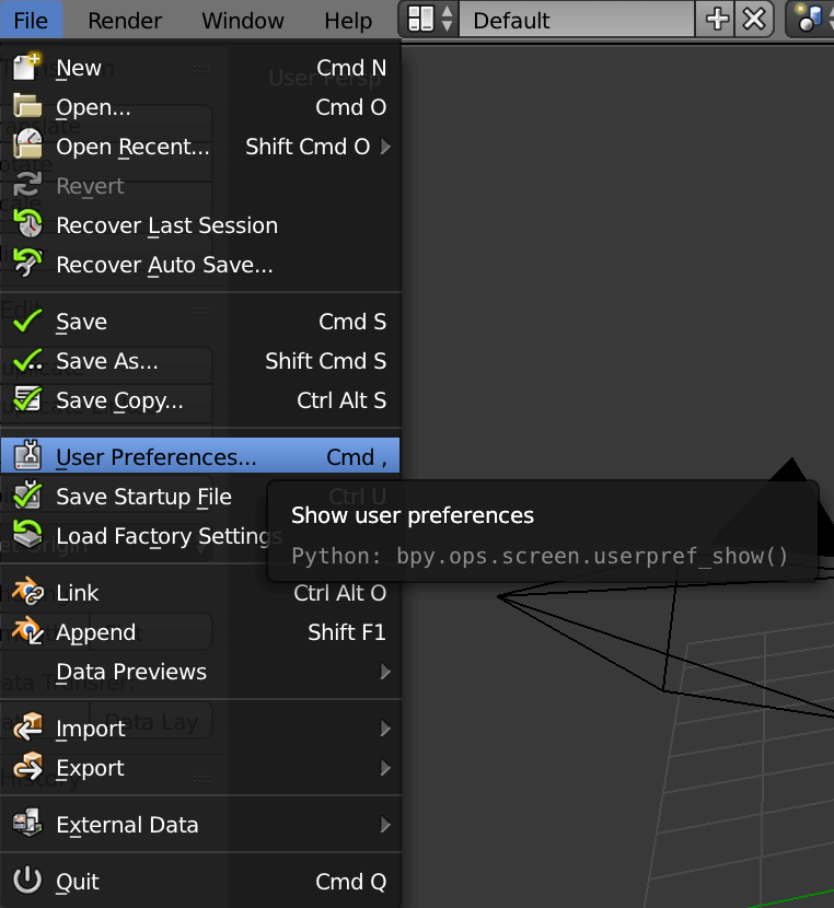 Blender File menu hovering on user preferences